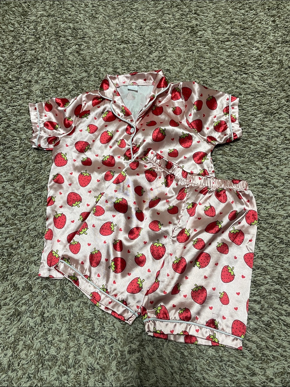 Girls' Pink Strawberry Satin Pajama Set